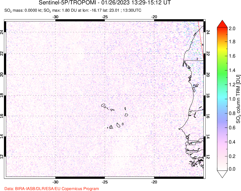A sulfur dioxide image over Cape Verde Islands on Jan 26, 2023.