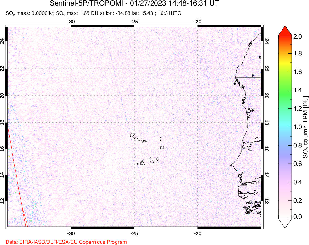 A sulfur dioxide image over Cape Verde Islands on Jan 27, 2023.