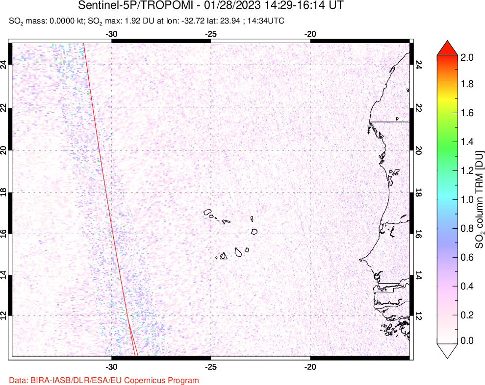 A sulfur dioxide image over Cape Verde Islands on Jan 28, 2023.