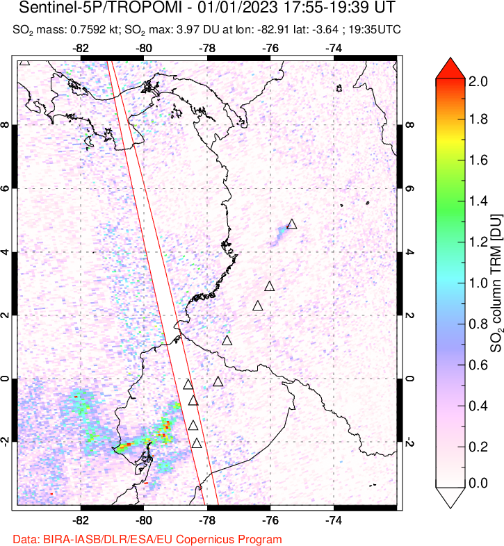 A sulfur dioxide image over Ecuador on Jan 01, 2023.