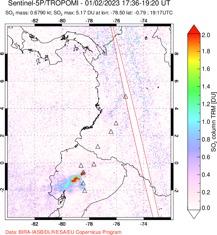 A sulfur dioxide image over Ecuador on Jan 02, 2023.