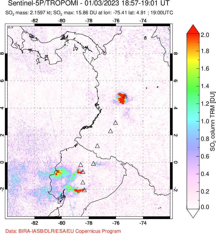 A sulfur dioxide image over Ecuador on Jan 03, 2023.