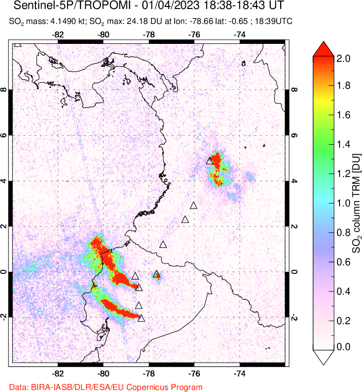 A sulfur dioxide image over Ecuador on Jan 04, 2023.