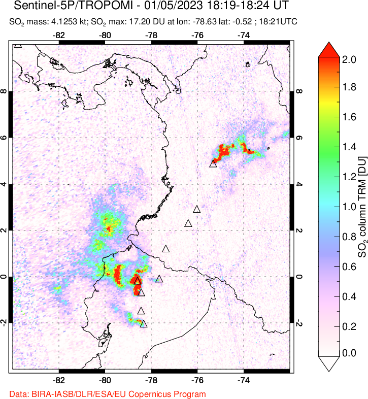A sulfur dioxide image over Ecuador on Jan 05, 2023.
