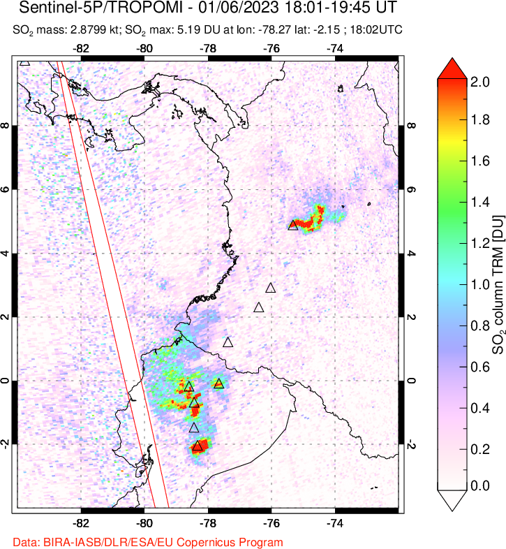 A sulfur dioxide image over Ecuador on Jan 06, 2023.