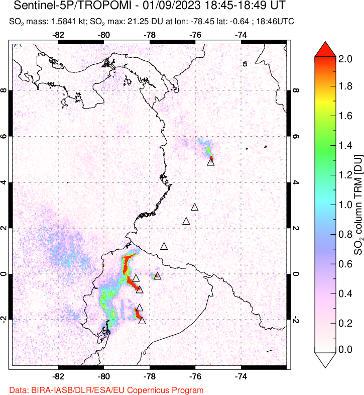 A sulfur dioxide image over Ecuador on Jan 09, 2023.