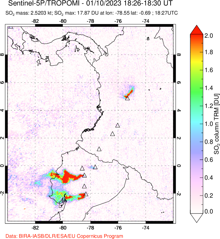 A sulfur dioxide image over Ecuador on Jan 10, 2023.
