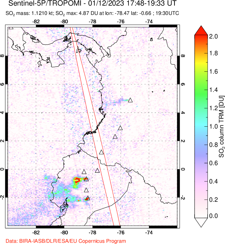A sulfur dioxide image over Ecuador on Jan 12, 2023.