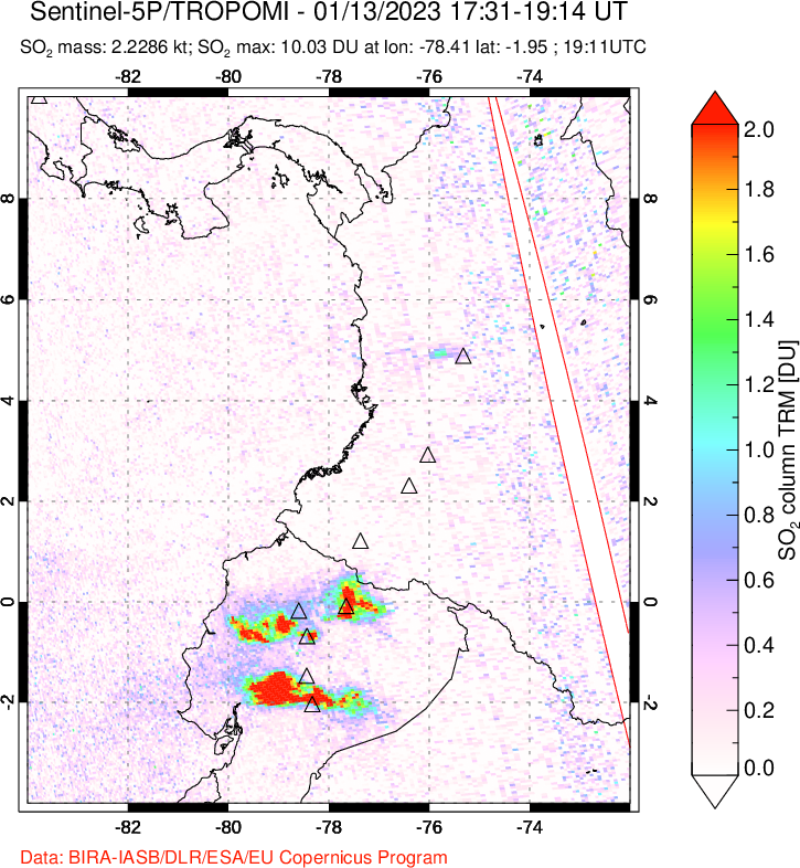 A sulfur dioxide image over Ecuador on Jan 13, 2023.