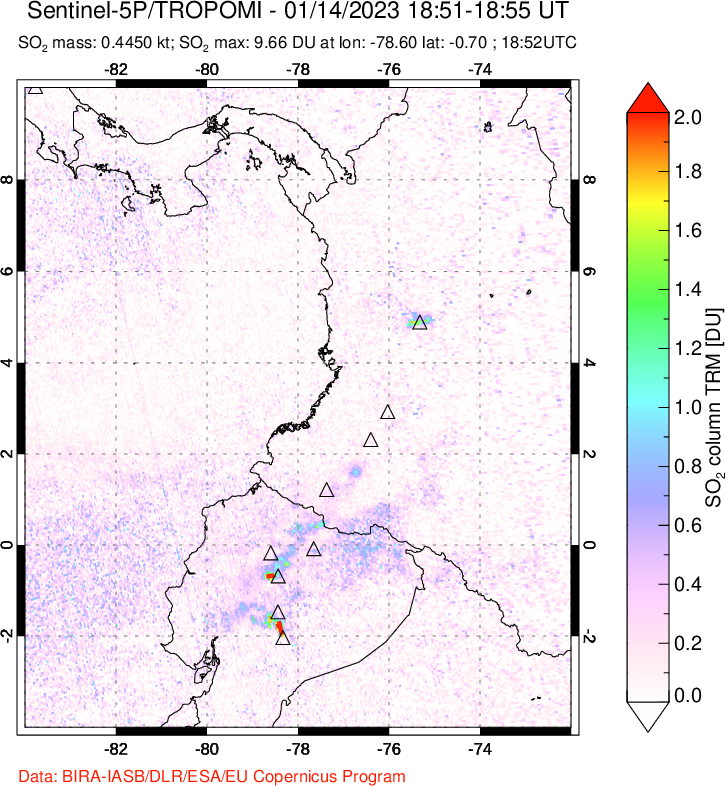 A sulfur dioxide image over Ecuador on Jan 14, 2023.