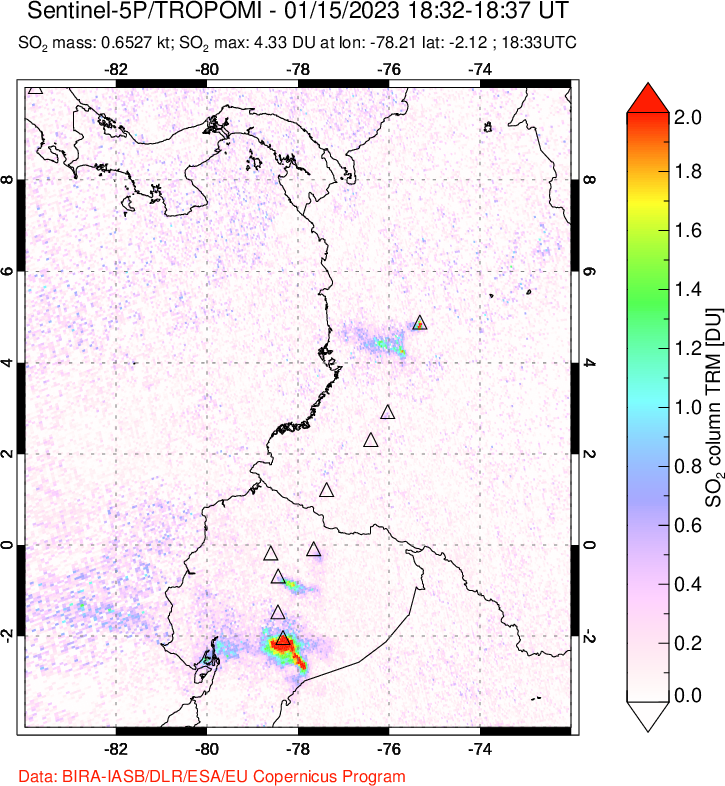 A sulfur dioxide image over Ecuador on Jan 15, 2023.