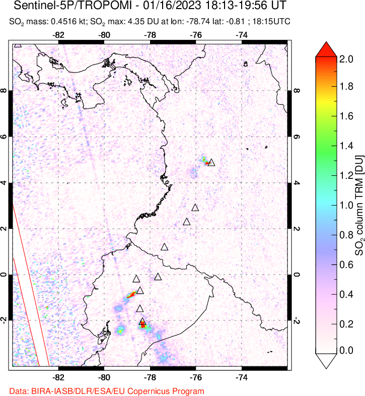 A sulfur dioxide image over Ecuador on Jan 16, 2023.