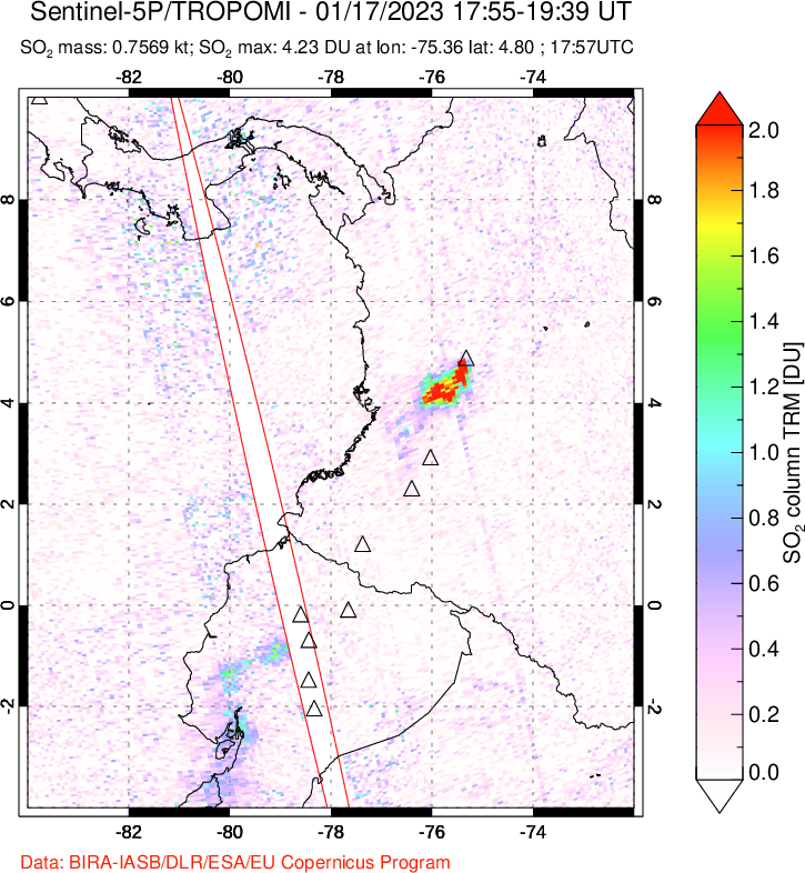 A sulfur dioxide image over Ecuador on Jan 17, 2023.