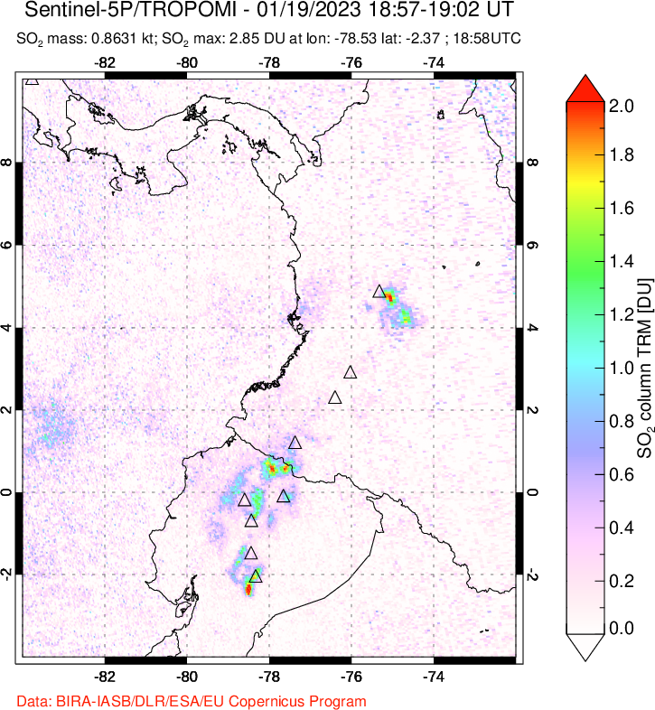 A sulfur dioxide image over Ecuador on Jan 19, 2023.