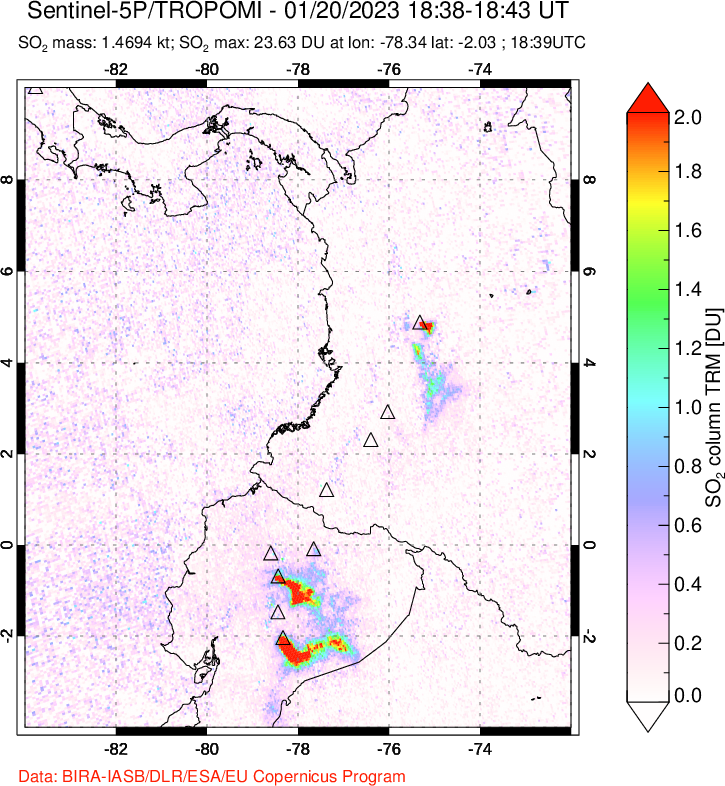 A sulfur dioxide image over Ecuador on Jan 20, 2023.