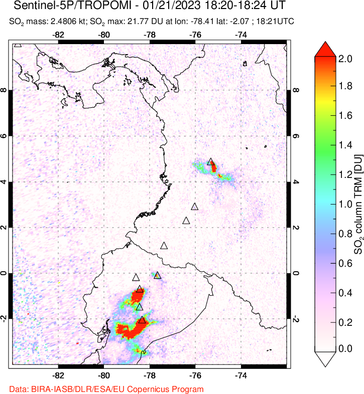 A sulfur dioxide image over Ecuador on Jan 21, 2023.