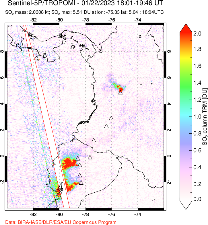 A sulfur dioxide image over Ecuador on Jan 22, 2023.