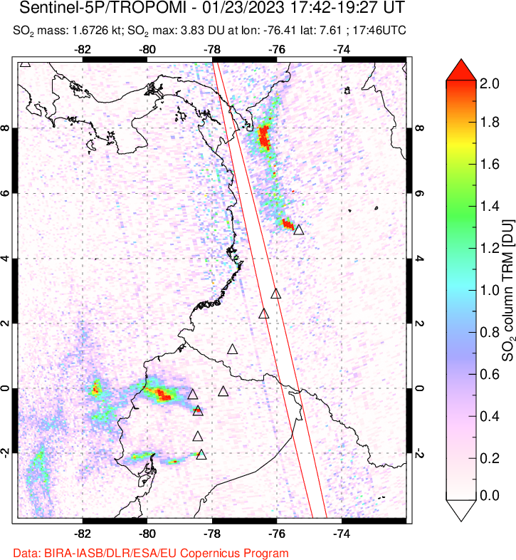 A sulfur dioxide image over Ecuador on Jan 23, 2023.