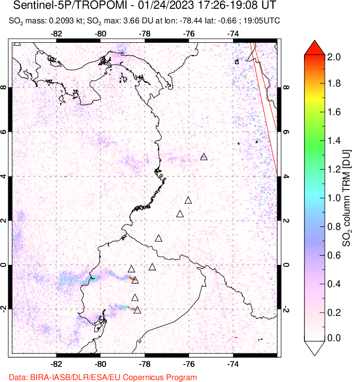 A sulfur dioxide image over Ecuador on Jan 24, 2023.