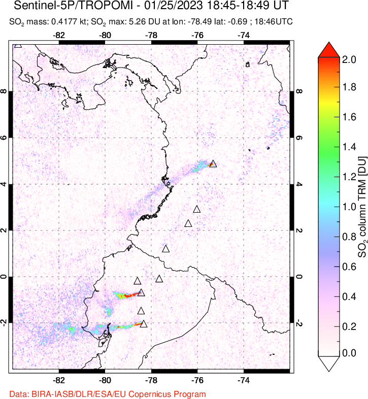 A sulfur dioxide image over Ecuador on Jan 25, 2023.