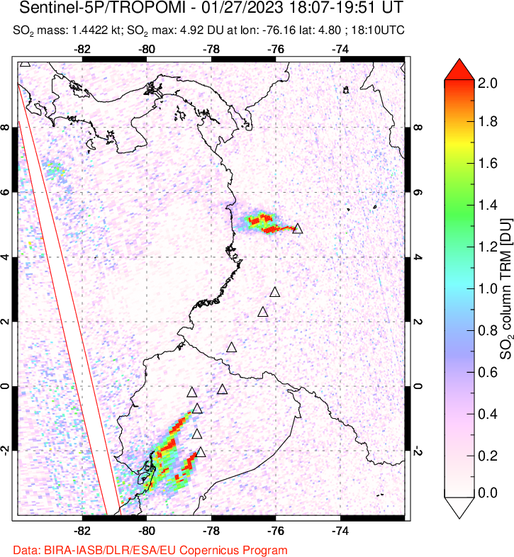 A sulfur dioxide image over Ecuador on Jan 27, 2023.
