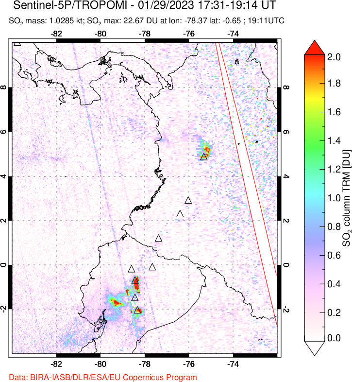 A sulfur dioxide image over Ecuador on Jan 29, 2023.