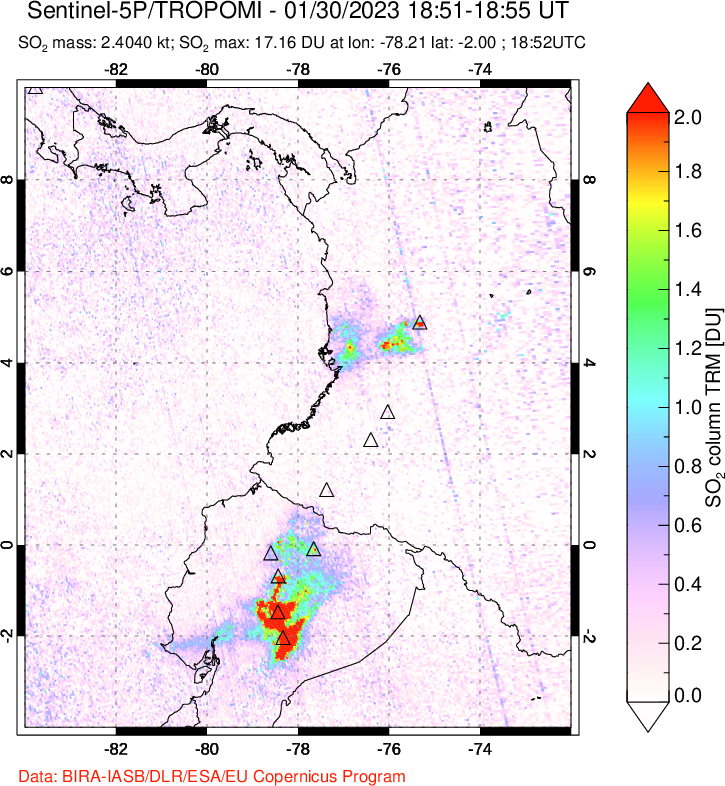 A sulfur dioxide image over Ecuador on Jan 30, 2023.