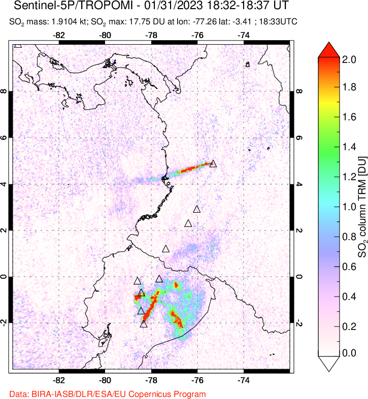 A sulfur dioxide image over Ecuador on Jan 31, 2023.