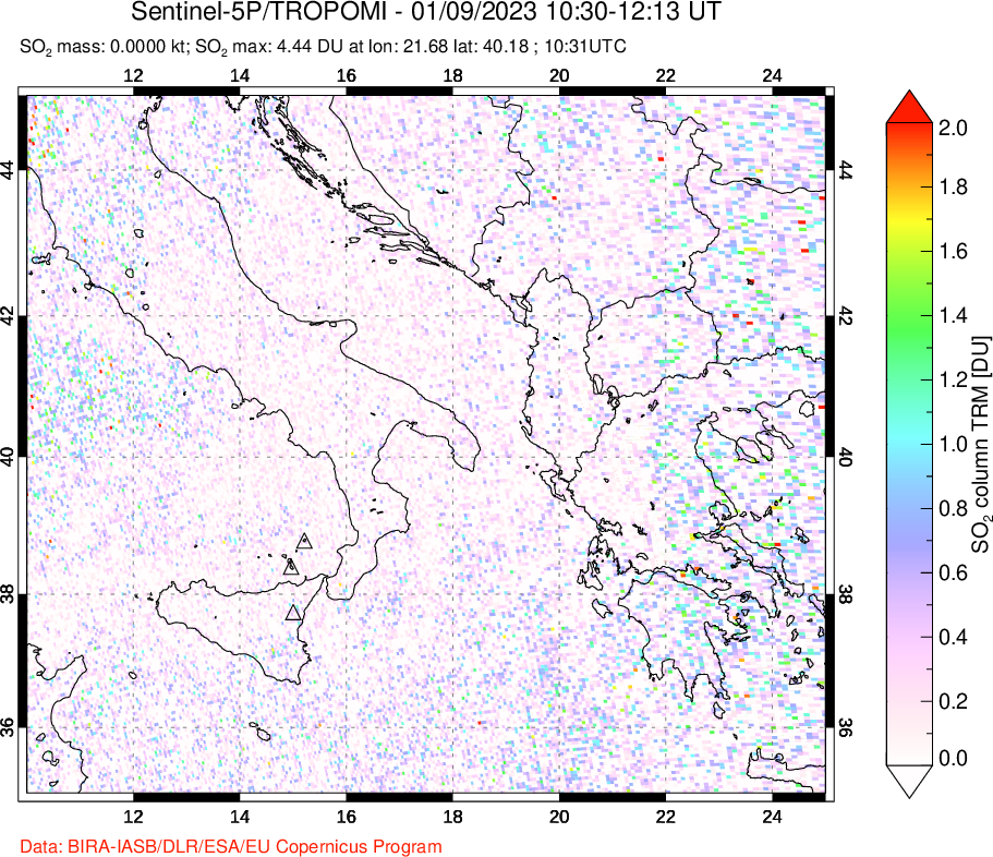 A sulfur dioxide image over Etna, Sicily, Italy on Jan 09, 2023.