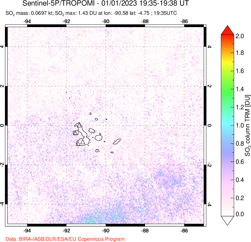 A sulfur dioxide image over Galápagos Islands on Jan 01, 2023.