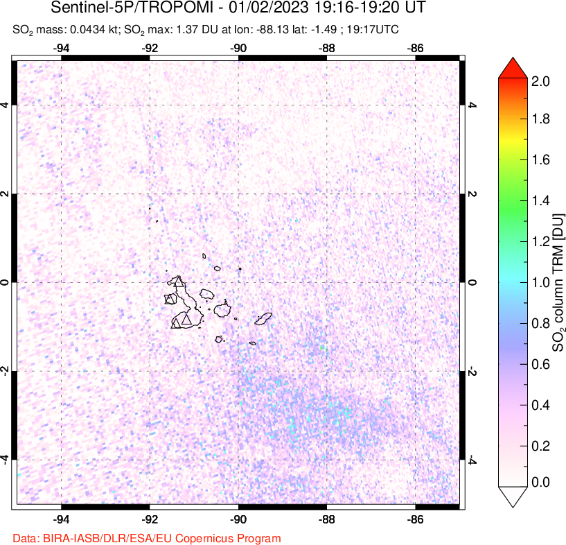A sulfur dioxide image over Galápagos Islands on Jan 02, 2023.