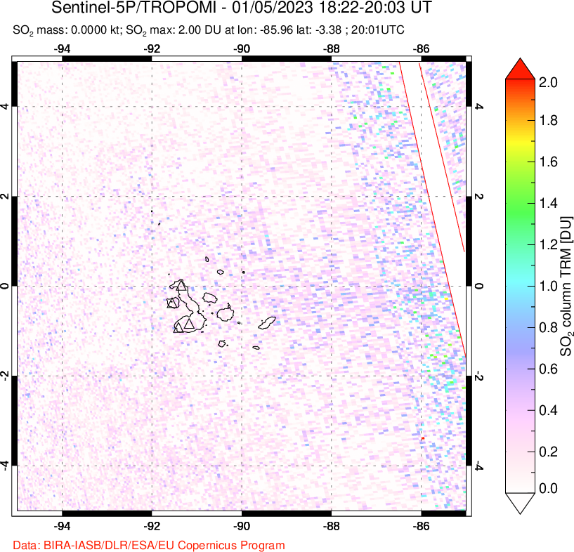 A sulfur dioxide image over Galápagos Islands on Jan 05, 2023.