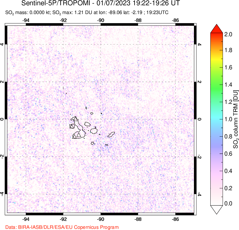 A sulfur dioxide image over Galápagos Islands on Jan 07, 2023.