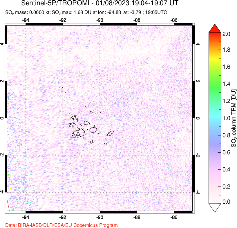 A sulfur dioxide image over Galápagos Islands on Jan 08, 2023.