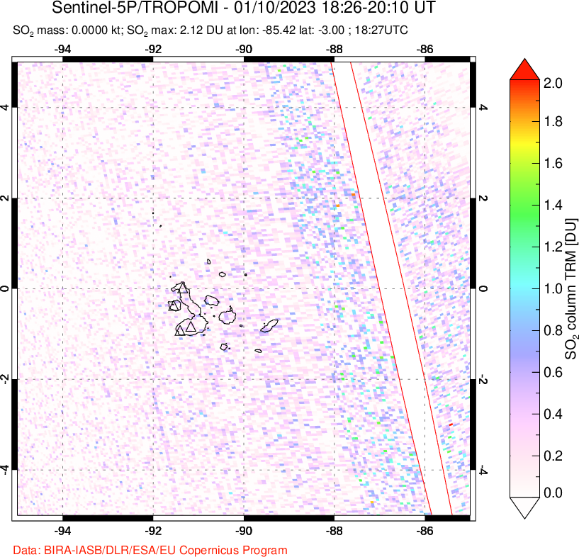 A sulfur dioxide image over Galápagos Islands on Jan 10, 2023.