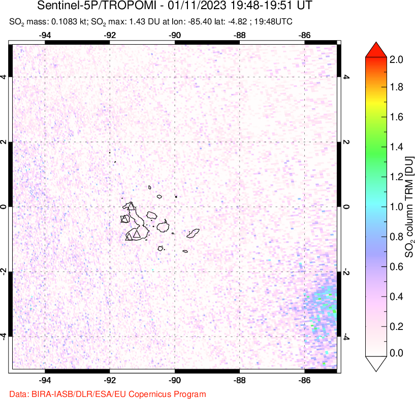 A sulfur dioxide image over Galápagos Islands on Jan 11, 2023.