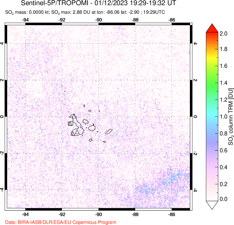 A sulfur dioxide image over Galápagos Islands on Jan 12, 2023.