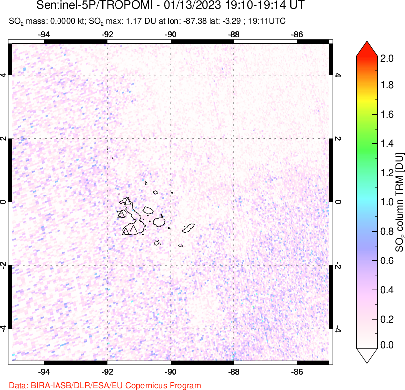 A sulfur dioxide image over Galápagos Islands on Jan 13, 2023.