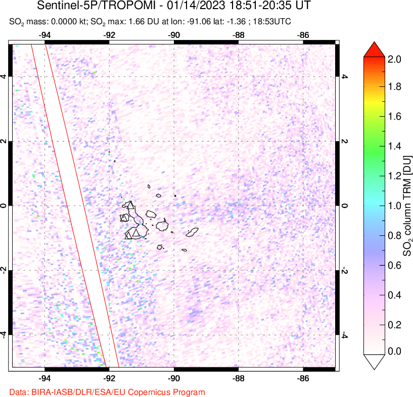 A sulfur dioxide image over Galápagos Islands on Jan 14, 2023.
