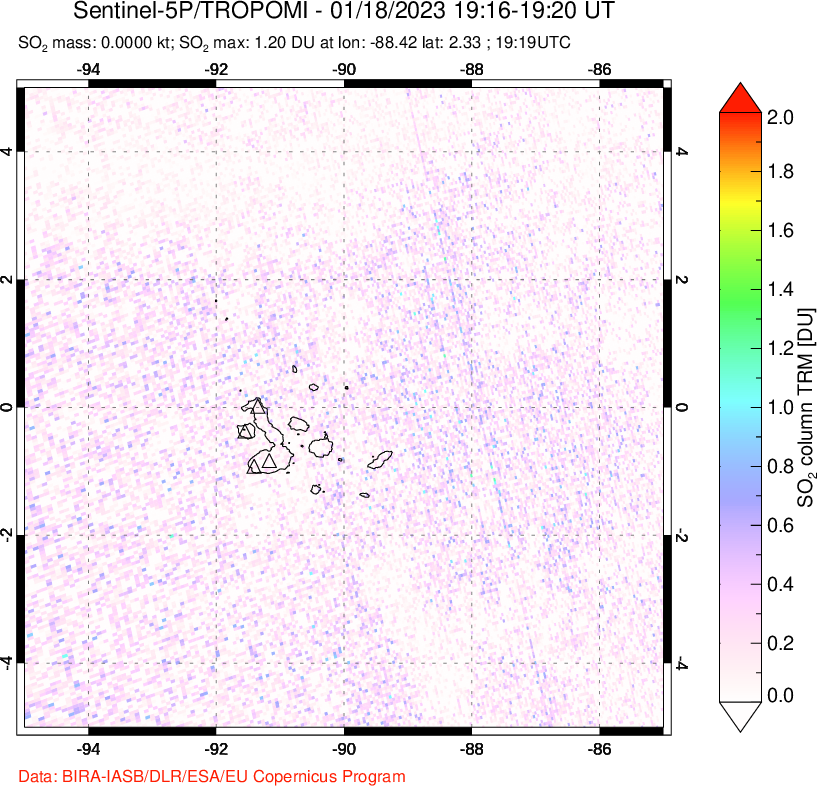 A sulfur dioxide image over Galápagos Islands on Jan 18, 2023.