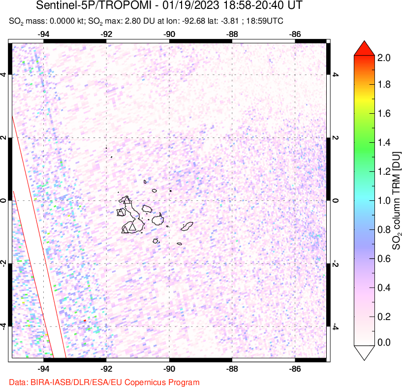 A sulfur dioxide image over Galápagos Islands on Jan 19, 2023.