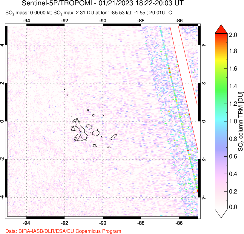 A sulfur dioxide image over Galápagos Islands on Jan 21, 2023.