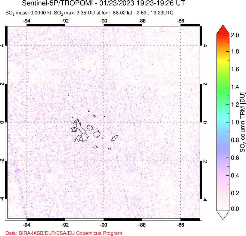 A sulfur dioxide image over Galápagos Islands on Jan 23, 2023.