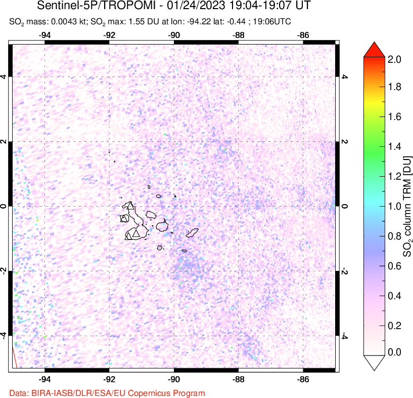 A sulfur dioxide image over Galápagos Islands on Jan 24, 2023.