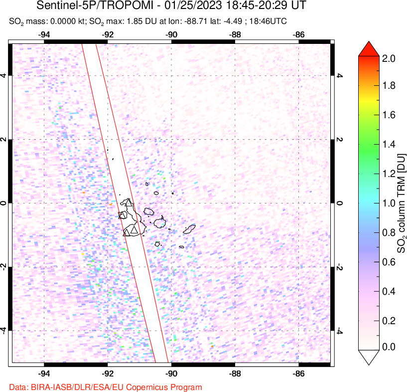 A sulfur dioxide image over Galápagos Islands on Jan 25, 2023.
