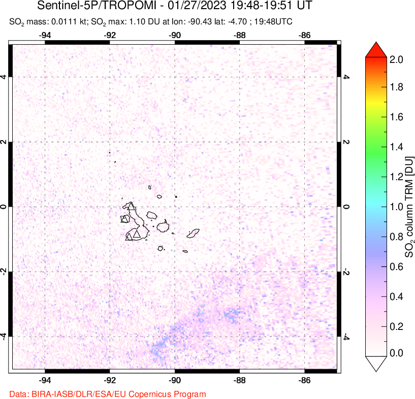 A sulfur dioxide image over Galápagos Islands on Jan 27, 2023.
