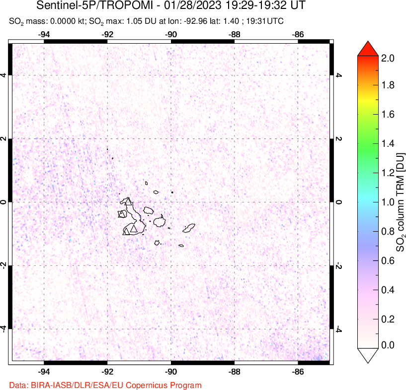 A sulfur dioxide image over Galápagos Islands on Jan 28, 2023.