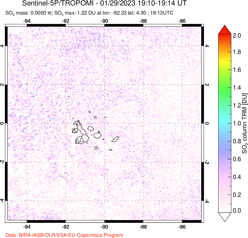 A sulfur dioxide image over Galápagos Islands on Jan 29, 2023.