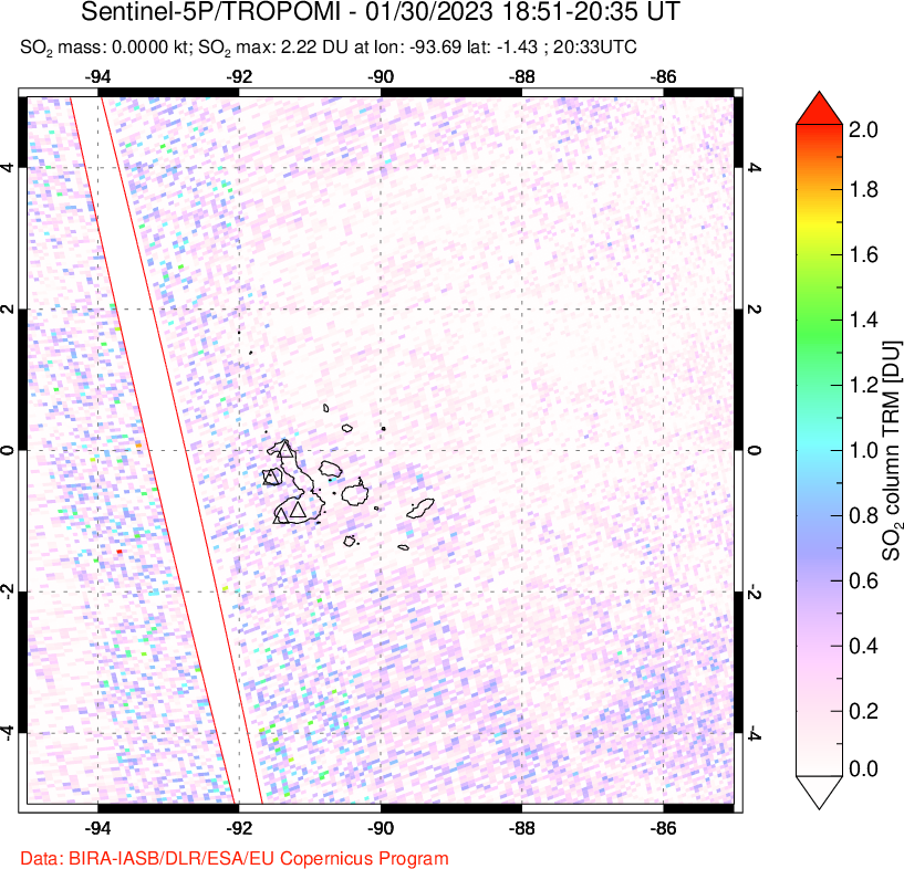 A sulfur dioxide image over Galápagos Islands on Jan 30, 2023.
