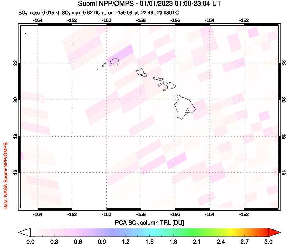 A sulfur dioxide image over Hawaii, USA on Jan 01, 2023.